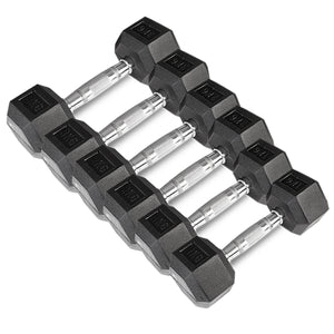 A set of black hexagonal dumbbells with rubber coating and silver handles, arranged in pairs by increasing weight from 1kg to 3kg.
