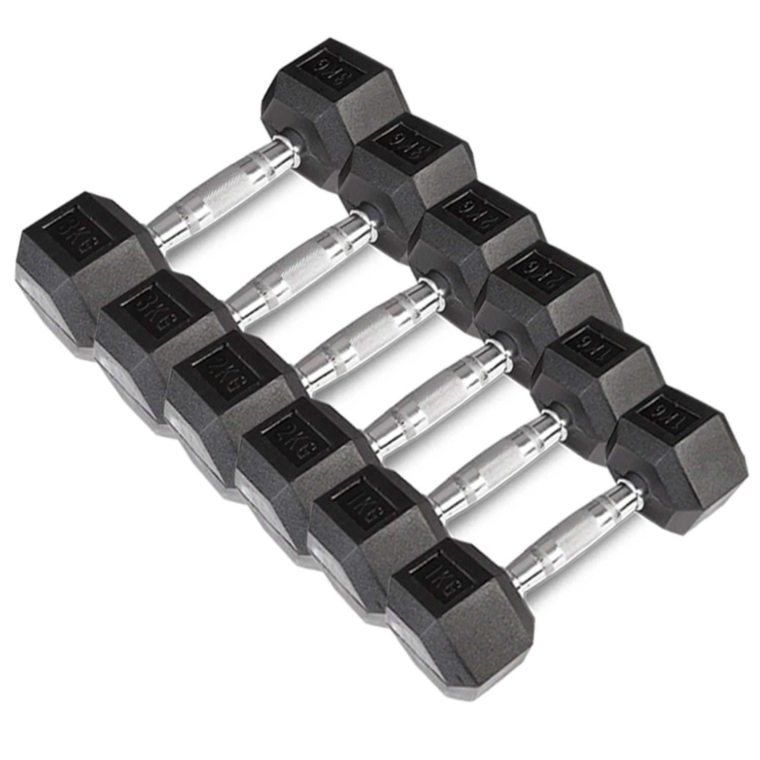 A set of black hexagonal dumbbells with rubber coating and silver handles, arranged in pairs by increasing weight from 1kg to 3kg.