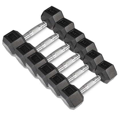 A set of black hexagonal dumbbells with rubber coating and silver handles, arranged in pairs by increasing weight from 1kg to 3kg.