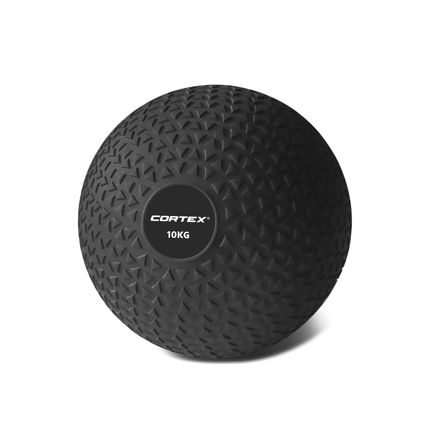 A black Cortex 10kg slam ball with textured surface for grip.