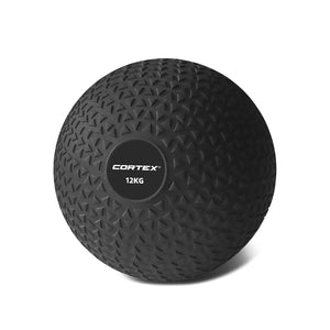 A black Cortex 12kg slam ball with textured surface for grip.