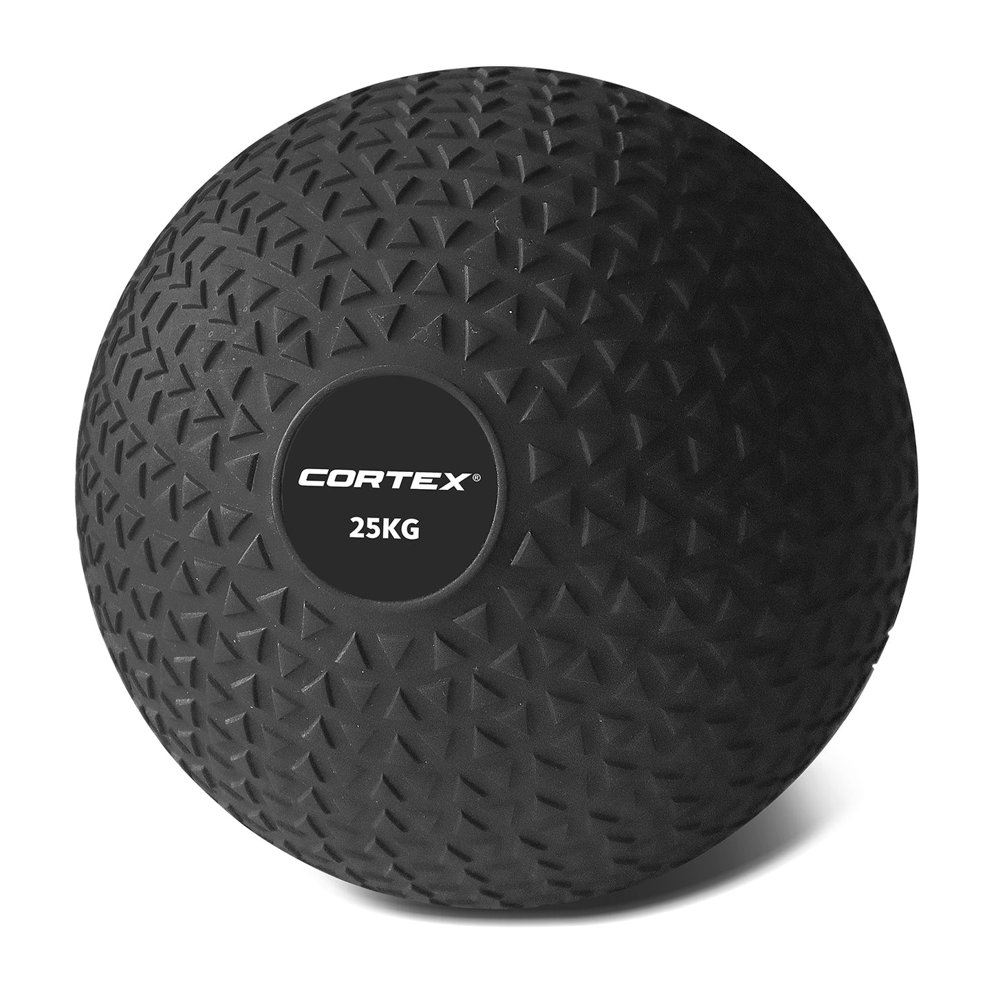 A black 25kg Cortex slam ball with textured surface for grip.