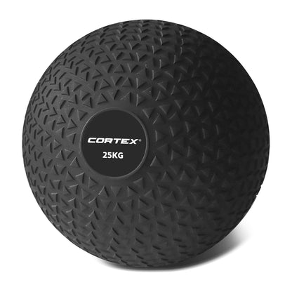 A black 25kg Cortex slam ball with textured surface for grip.