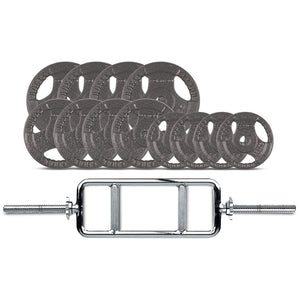 A set of cast iron weight plates with a tri-grip design and a standard tricep bar with knurl grips and spiral spin collars.