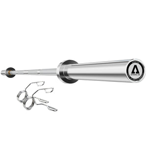 A silver-colored Women's Olympic Barbell Athena-100 with spring collars, knurled grip, and a logo on the end.