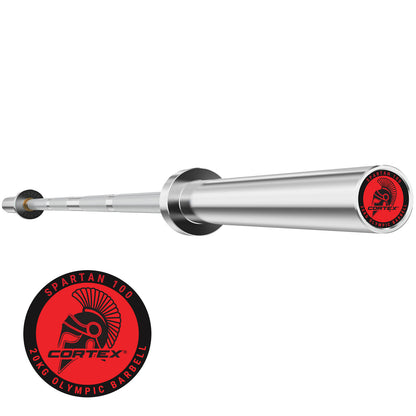 A silver-colored Olympic Barbell Spartan-100 with precise knurl grips and a chrome finish. The logo 'Cortex' is visible on the end of the barbell.