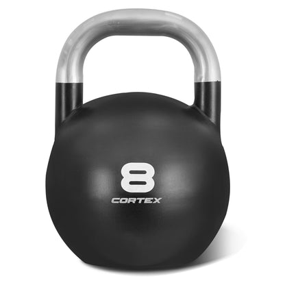A black commercial steel kettlebell with the number 8 and the brand name Cortex written on it.