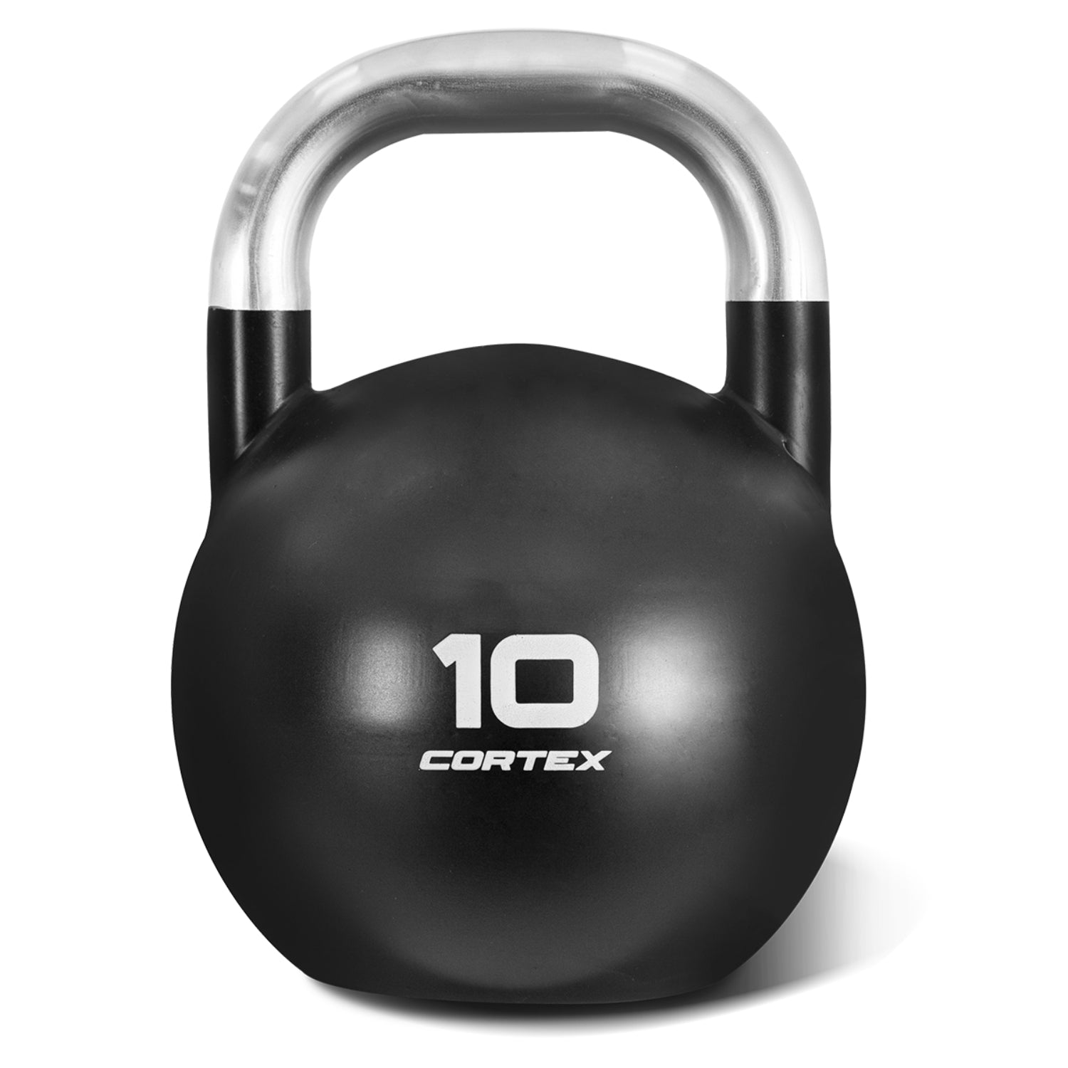 A black 10kg Cortex brand kettlebell with a metallic handle.