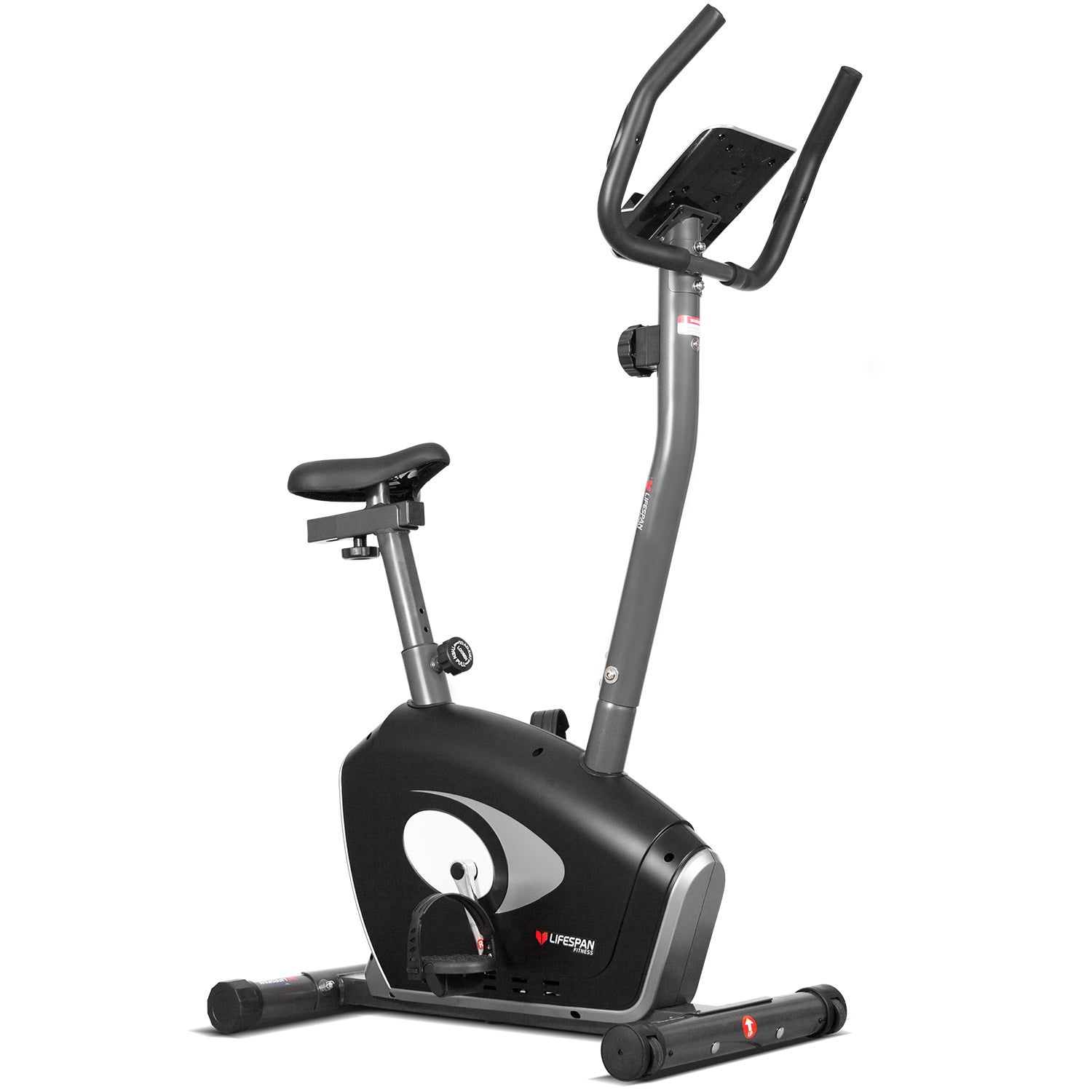 A black Lifespan Fitness EXER-58 exercise bike with an LCD computer display, featuring a fixed handlebar, belt drive, and adjustable seat.