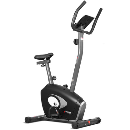 A black Lifespan Fitness EXER-58 exercise bike with an LCD computer display, featuring a fixed handlebar, belt drive, and adjustable seat.