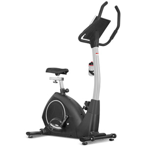 A black Lifespan Fitness EXER-80 Exercise Bike with adjustable seat, handlebars, and a computer console.