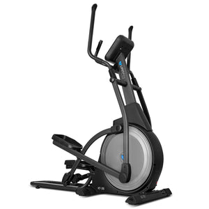 A black Lifespan Fitness XT-39 Folding Cross Trainer with a flywheel, pedals, and console, indicating a compact and modern design suitable for home use.