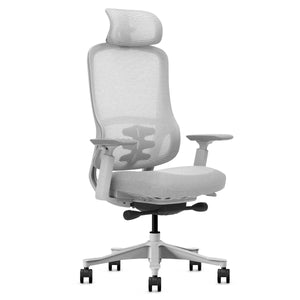 White office chair with mesh back on a white background