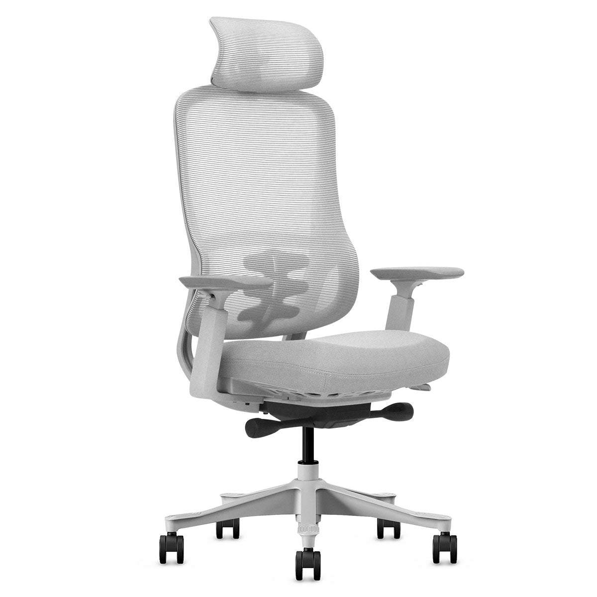 White office chair with mesh back on a white background