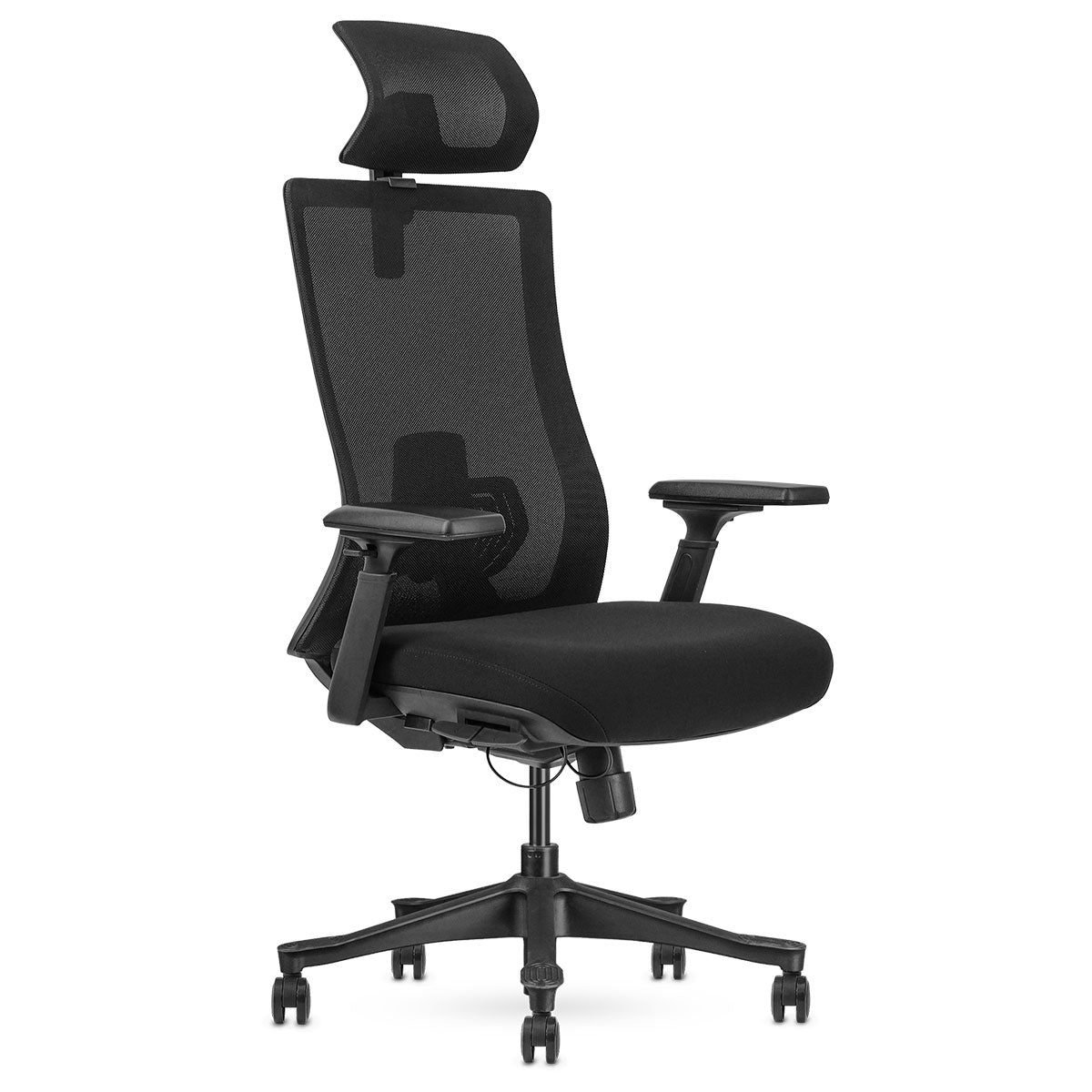A black ergonomic mesh high back office chair with adjustable armrests, headrest, and seat height, featuring a five-star base with castors.
