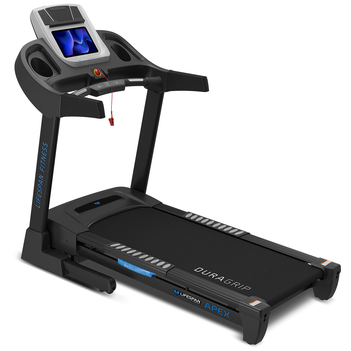 Treadmill with Duragrip surface and LifeSpan branding on a white background
