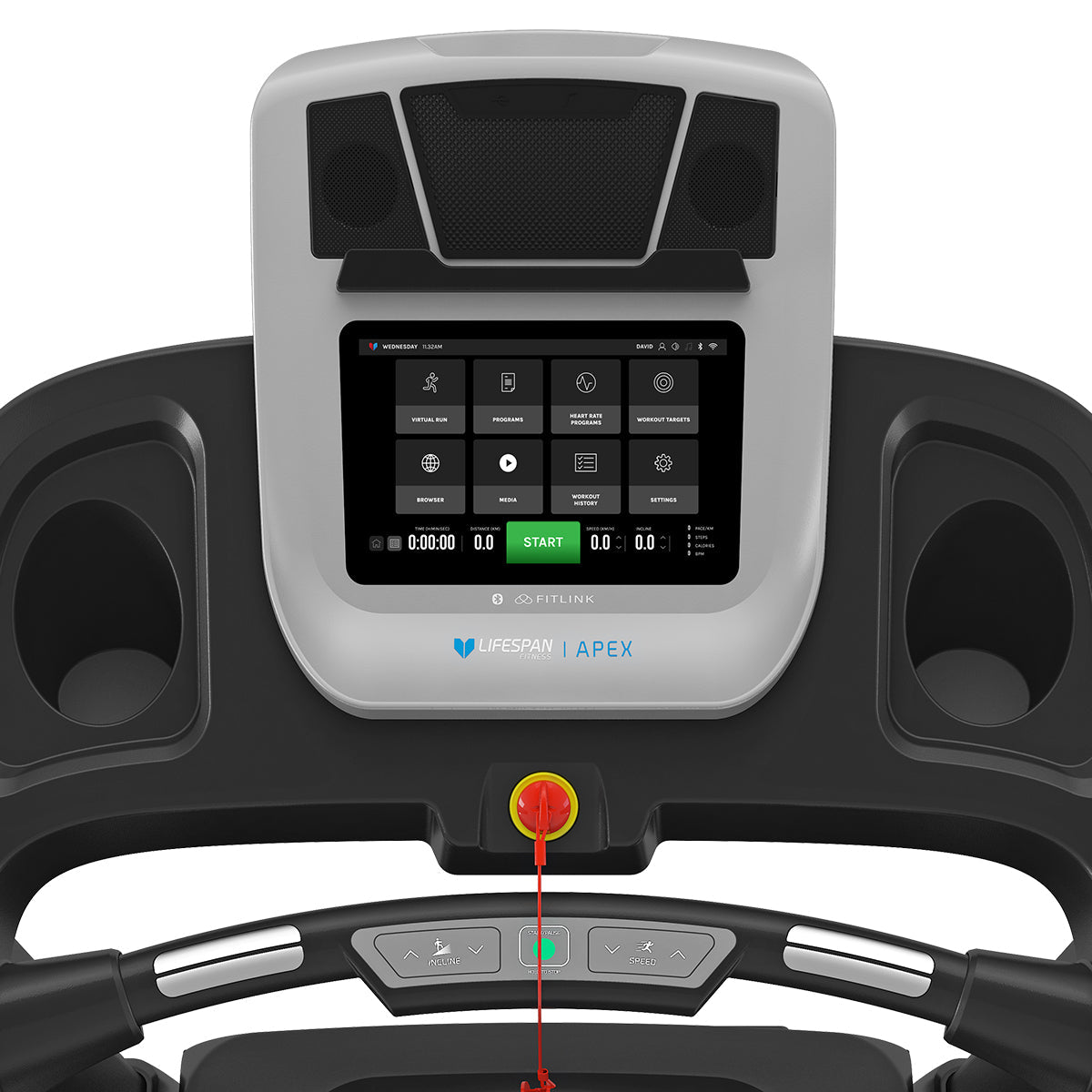 Treadmill console with digital display and control buttons on a white background
