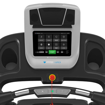 Treadmill console with digital display and control buttons on a white background