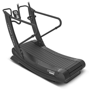 Black treadmill with 'Lifespan Fitness' branding on a white background