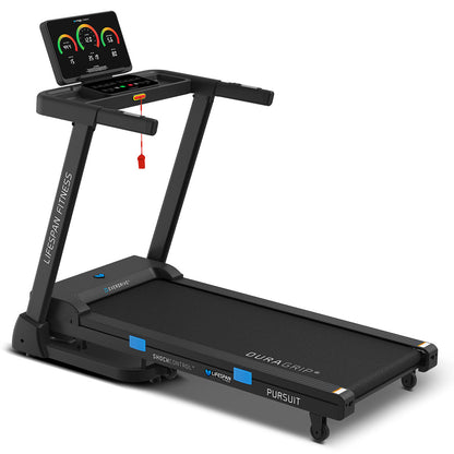 Black treadmill with digital display on a white background