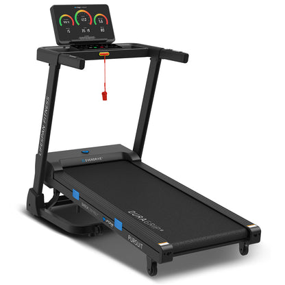 Black treadmill with a digital display on a white background