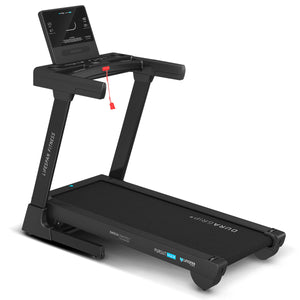 A black Lifespan Fitness Pursuit MAX Treadmill with a spacious running belt and a digital console, set against a white background.