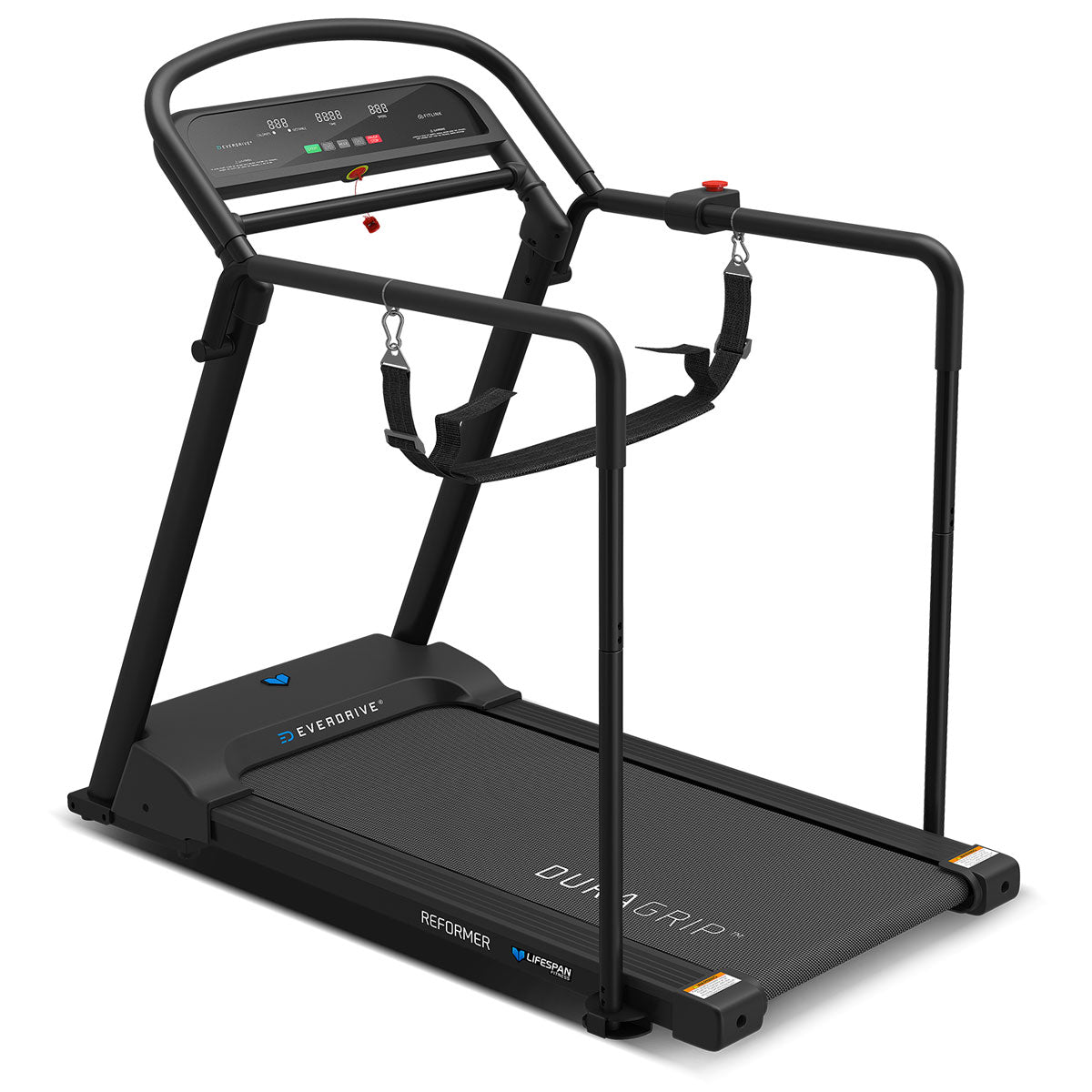 A black Lifespan Fitness Reformer 2 Safety Rehabilitation Treadmill with handrails and an LED display.