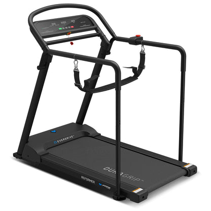 A black Lifespan Fitness Reformer 2 Safety Rehabilitation Treadmill with handrails and an LED display.