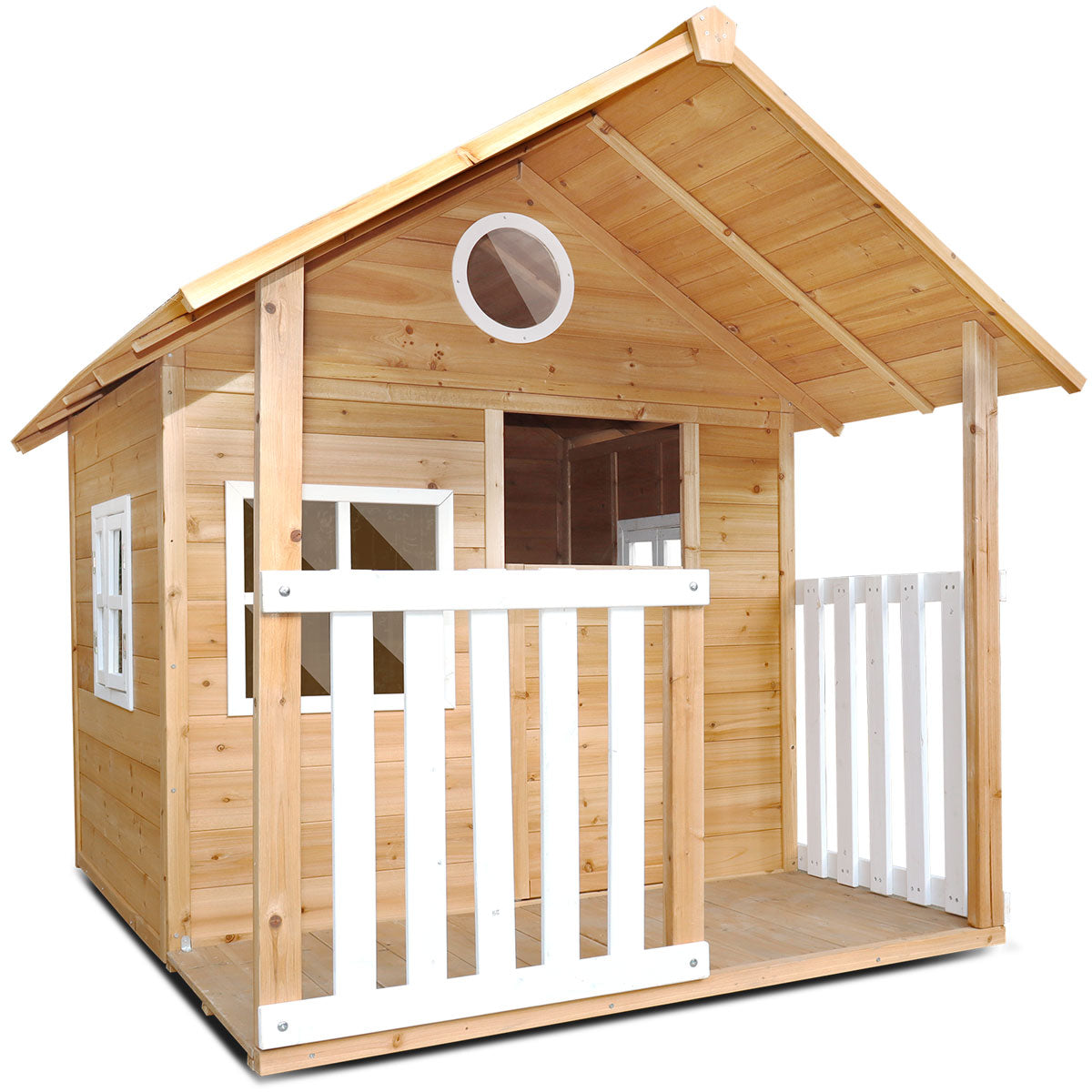 Wooden playhouse with white accents on a white background
