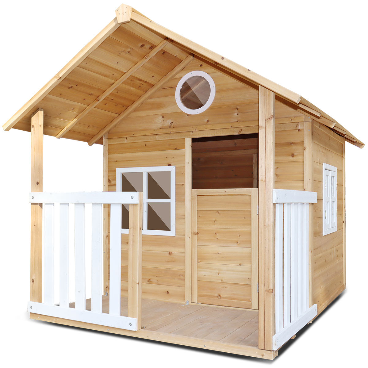 Wooden playhouse with white accents on a white background