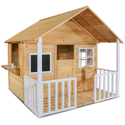 Wooden playhouse with white trim on a white background