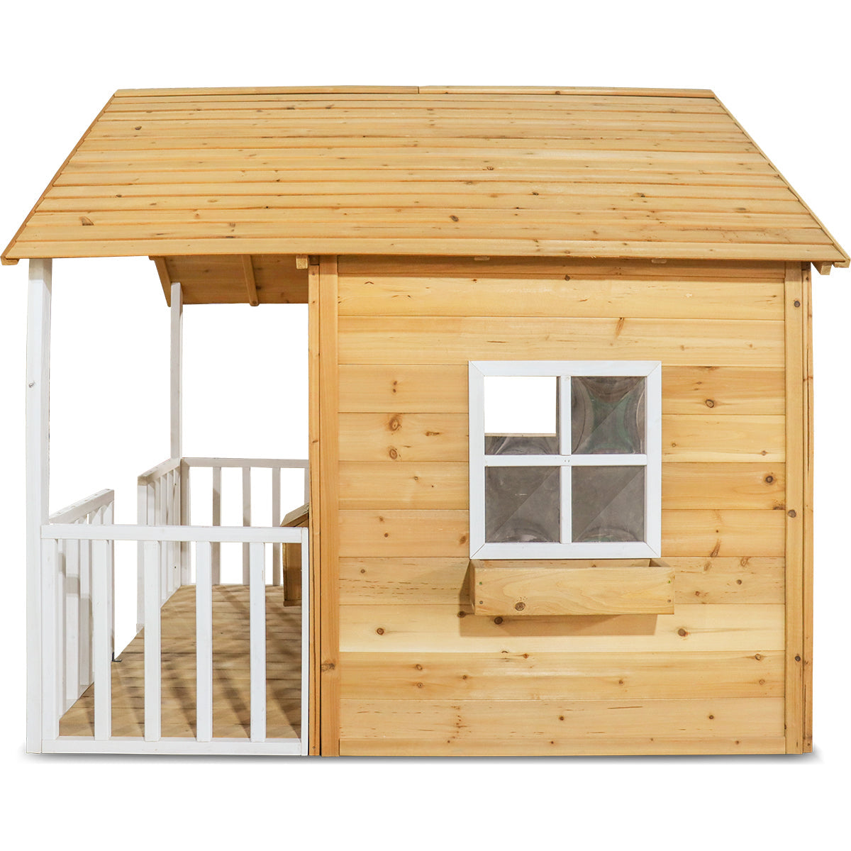 Wooden playhouse with a white staircase and railing on a white background