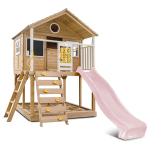 Wooden playhouse with a pink slide on a white background