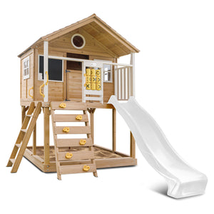Wooden playhouse with a white slide on a white background