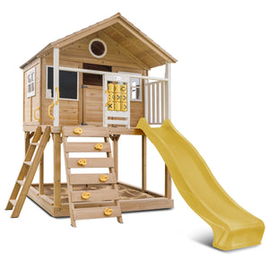 Wooden playhouse with a yellow slide on a white background