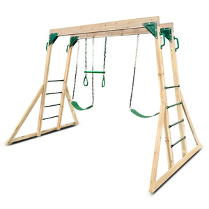 Wooden swing set with green swings and ladders on a white background
