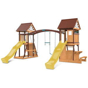 Wooden playground set with two slides and swings on a white background