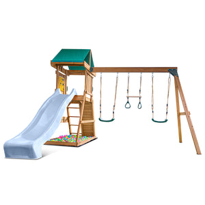 Children's playset with slide, swings, and climbing structure on a white background