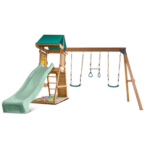 Children's playset with slide, swings, and climbing structure on a white background