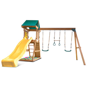 Children's playground set with yellow slide, green roof, and multiple swings on a white background