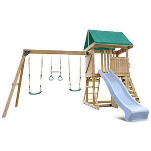 Wooden playground set with slide and swings on a white background