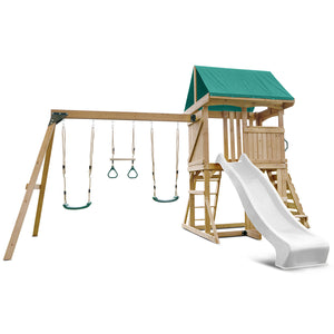Wooden playground set with swings, slide, and climbing structure on a white background