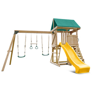 Wooden playground set with a yellow slide and green roof on a white background
