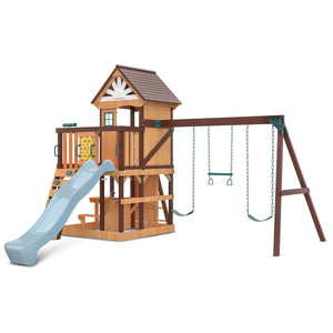 Wooden playset with slide and swings on a white background