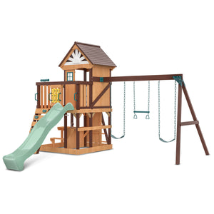 Wooden playset with slide and swings on a white background