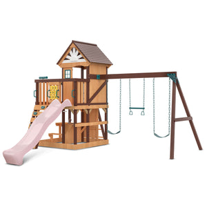 Wooden playset with a slide and swings on a white background