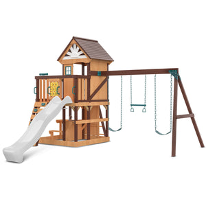 Wooden playset with a slide and swings on a white background