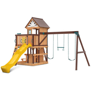 Wooden playset with yellow slide and swings on a white background