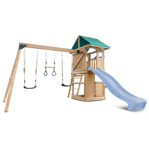 Wooden playground set with swings, slide, and climbing structure on a white background