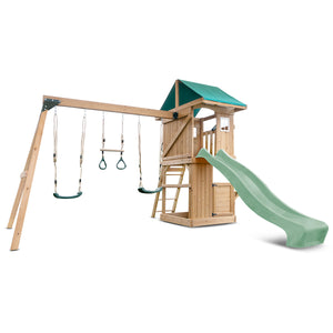 Wooden playground set with swings and a green slide on a white background